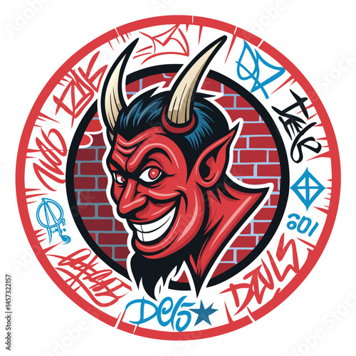 A vibrant graffiti artwork depicting a devil's head encircled within a bold spray-painted circle, surrounded by various street tags and stylized lettering.