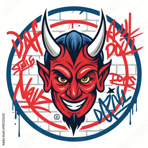 A vibrant graffiti artwork depicting a devil's head encircled within a bold spray-painted circle, surrounded by additional street tags and urban textures.