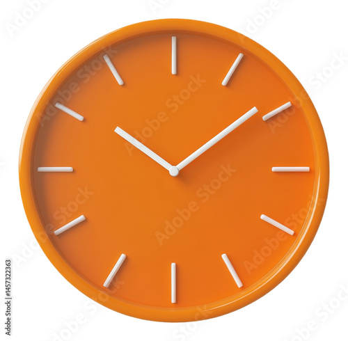 Orange wall clock with white hands and markers in a circular design on a transparent background