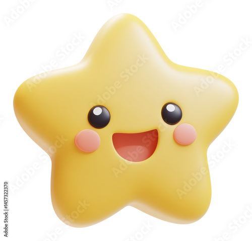 Smiling yellow cartoon star with rosy cheeks on a transparent background, 3d animation of cute character