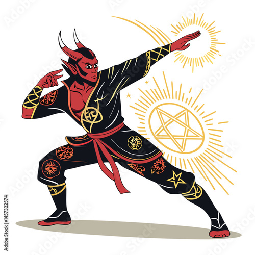 A demonic figure, crimson skin, horns, glowing arcane runes, striking a dynamic martial arts pose, fiery background.