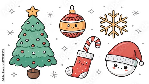 Winter holiday doodle set with tree stocking ornament snowflake candy cane hat
