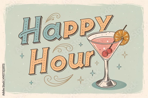 Pastel cocktail doodle with retro Happy Hour text and nostalgic vintage style