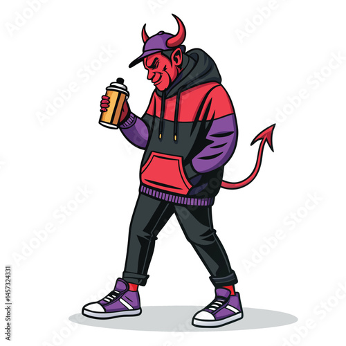 A rebellious devil, clad in a modern streetwear hoodie, defiantly holds a spray can, poised for graffiti art.  The scene is gritty and urban.