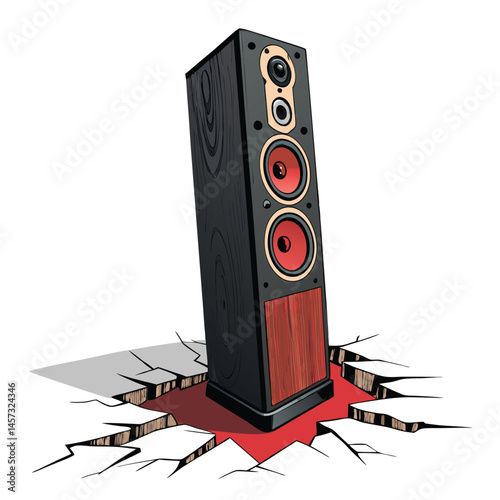 Render a surreal image of a colossal, distorted speaker tower fracturing a black floor, emitting intense sonic waves.  Emphasis on cracks and distortion.