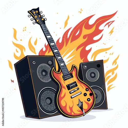 A fiery electric guitar explodes through shattered, vintage speakers; flames engulfing the instrument and debris.