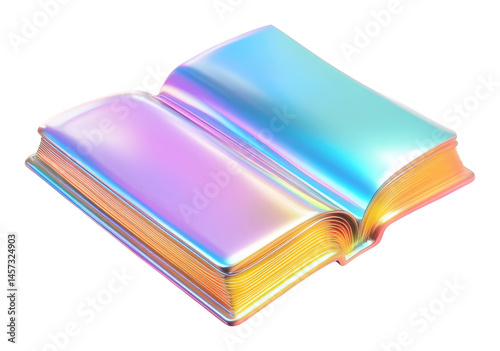 Holographic open book with iridescent pastel colors in 3d illustration,on a transparent background