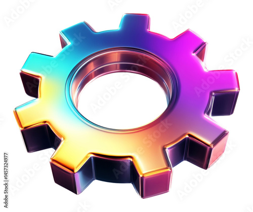 Colorful metallic gear wheel with rainbow gradient effect on a transparent background, 3d rendering
