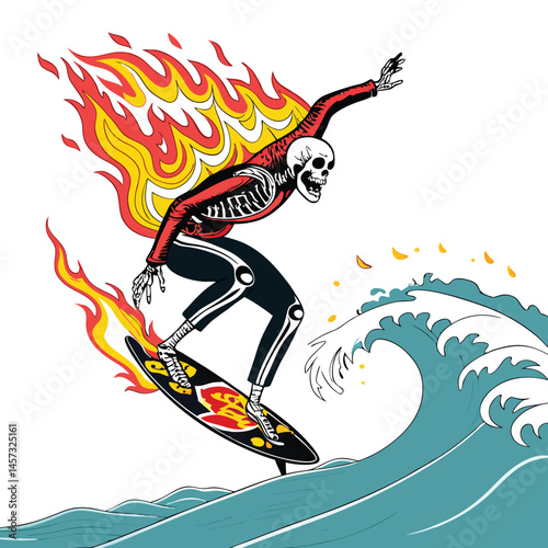 A fiery skeleton surfer executes a spectacular aerial maneuver, flames engulfing its bony frame, against a vibrant, dynamic ocean backdrop.