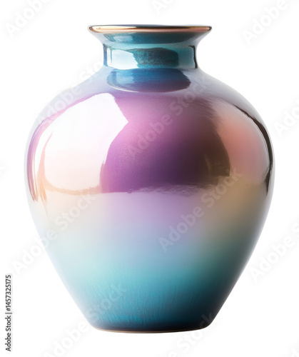Colorful iridescent vase with smooth gradient hues and reflective surface on a transparent background