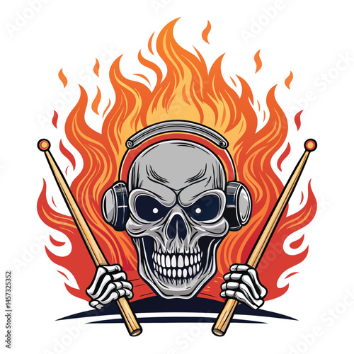 A flaming skull drummer intensely playing a fiery drum kit, wielding blazing drumsticks; detailed, dark fantasy art.