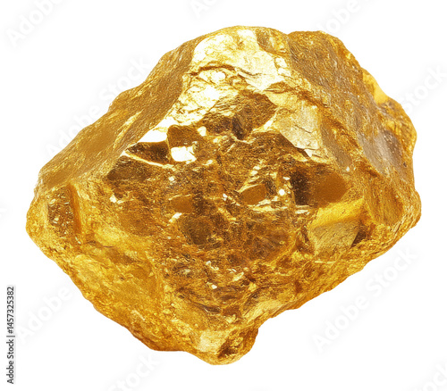 Shiny gold nugget with textured surface on transparent background