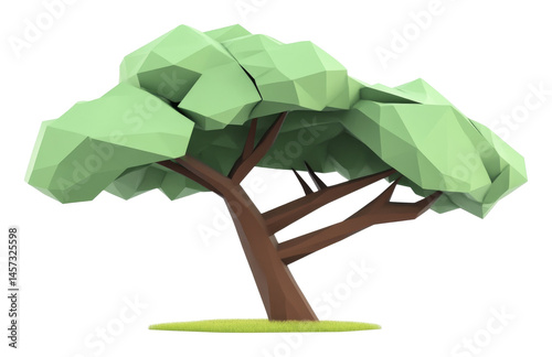 Low poly style green tree with geometric leaves on a transparent background