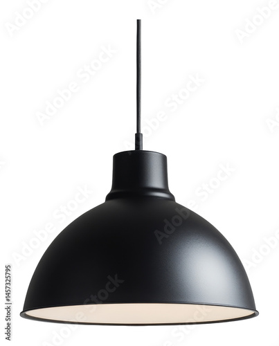 Black industrial hanging pendant lamp with modern design and soft lighting on a transparent background