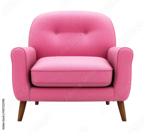 Modern pink armchair with wooden legs on a transparent background