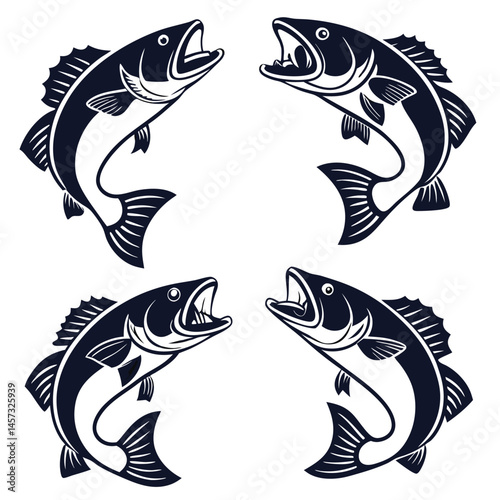 Four stylized black and white illustrations of leaping fish with open mouths, perfect for fishing logos, branding, or design projects