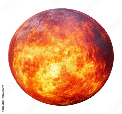 Fiery sun with intense surface colors on a transparent background, 3d illustration