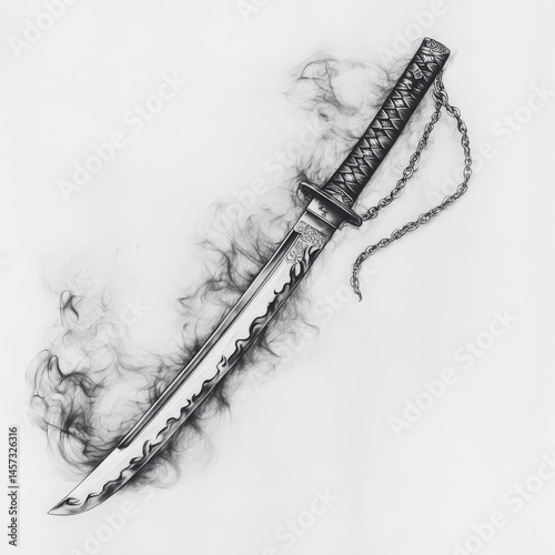 katana, draw, asian, cut, Japan, smoke, black and white, chain, weapon