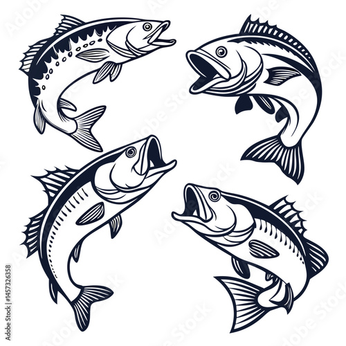 Four Detailed Line Art Illustrations of Leaping Fish Perfect for Seafood Restaurants or Fishing Businesses