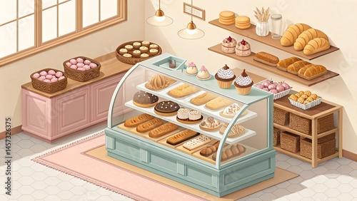Cozy 2D isometric bakery layout with glass display bread baskets cupcakes on counters