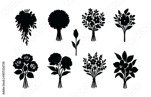 Silhouette bridal bouquets icon set – roses, peonies, tulip, lilies, lavender, hydrangea. Vector icons set