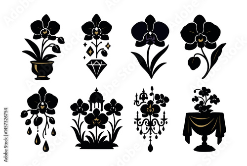 Orchid luxury icon set – elegance, floral, diamond, vase, drops, chandelier, table. Vector icons set