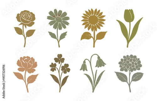 Vintage floral icons set – rose, sunflower, tulip, dahlia, bellflower, more. Vector icons set