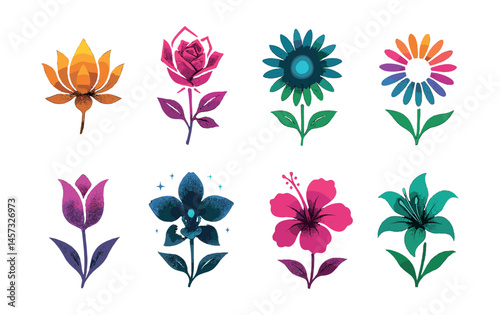 Glowing fantasy flowers icon set – lotus, rose, daisy, tulip, orchid, hibiscus, lily. Vector icons set