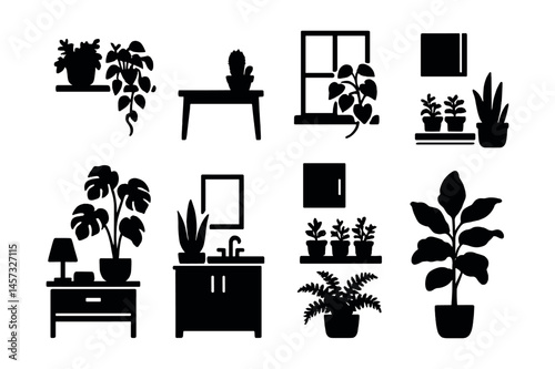 Silhouette houseplant icons set – shelf, table, window, cactus, monstera, fern, fiddle leaf fig. Vector icons set