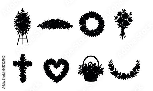 Funeral flower silhouettes icon set – wreath, bouquet, cross, heart, arrangement. Vector icons set