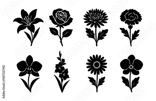 Funeral flower icons set – lily, rose, chrysanthemum, carnation, orchid, gladiolus, daisy, pansy. Vector icons set