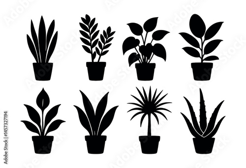 Houseplant silhouettes icons set – foliage, leaves, pots, indoor plants, minimalist. Vector icons set