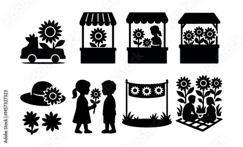 Sunflower festival icons set – cart, stall, hat, children, banner, garden. Vector icons set