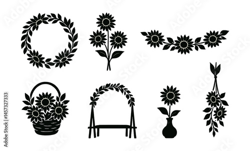 Sunflower silhouette icon set – wreath, garland, basket, arch, vase. Vector icons set