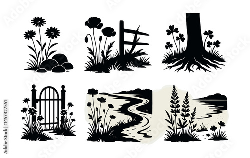 Silhouette wildflower icons set - nature, fence, tree, pathway, gate, roots. Vector icons set