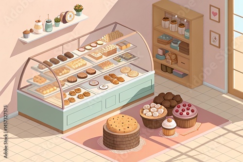 Isometric bakery scene with display case bread baskets pastel counters and cupcakes