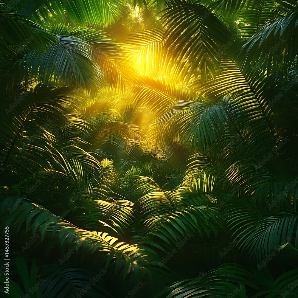Fototapeta premium Lush tropical foliage creating a sunlit interior space.