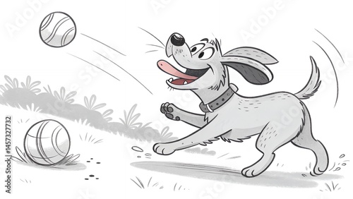 Happy doodle dog chasing ball with motion lines and playful sketchy energy
