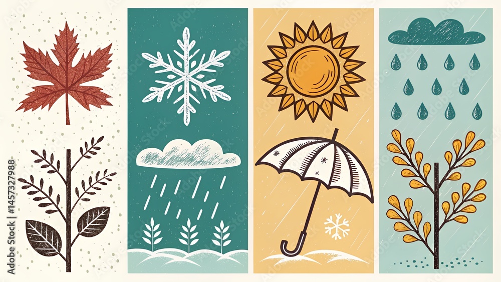 Obraz premium 2D linocut-style seasonal icons with leaves snowflake flower sun umbrella and clouds