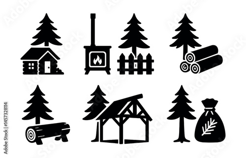 Rustic lifestyle icons set – cabin, firewood, stove, pine, fence, logs, sawmill, bag. Vector icons set