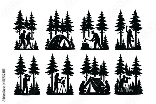 Pine forest camping and hiking icons set – tent, campfire, climbing, backpack, trees, nature. Vector icons set