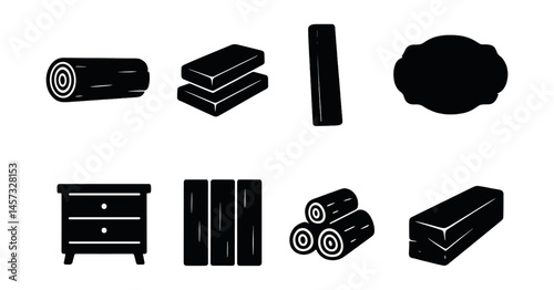 Pine wood silhouettes icons set – logs, planks, timber, furniture. Vector icons set