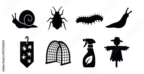 Understanding garden pests and solutions – snail, beetle, caterpillar, slug, insect trap icons set. Vector icons set