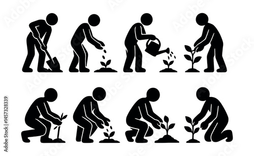 Gardening silhouette icons set – planting, watering, tools, growth, care, nurture. Vector icons set