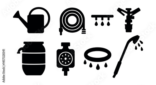 Essential irrigation tools icons set – watering can, hose, drip, sprinkler, nozzle. Vector icons set