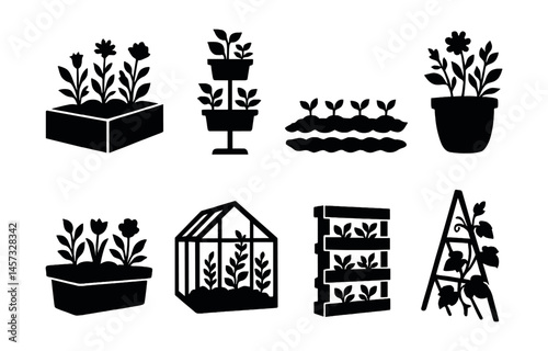 Garden bed silhouettes icons set – planter, pot, greenhouse, vertical, ladder, rows. Vector icons set
