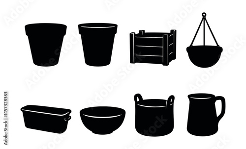 Gardening container icons set – pots, planters, bowls, hanging baskets, barrels. Vector icons set
