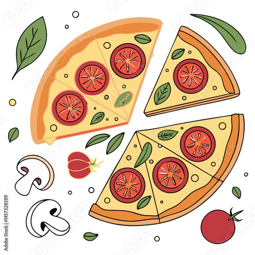 Deconstructed Pizza with Fresh Ingredients - Colorful Vector Illustration