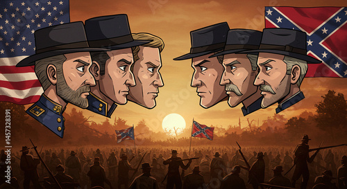 Union vs Confederate – Cartoon Illustration of Civil War Battle at Gettysburg