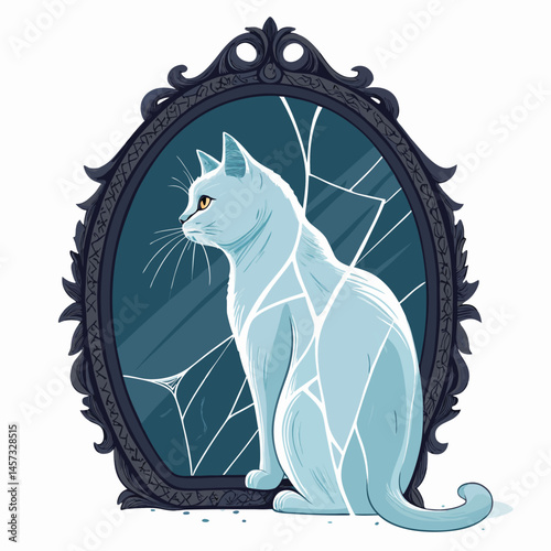A spectral feline, translucent and ethereal, partially phasing through a cracked, antique gothic mirror reflecting a dimly lit room.